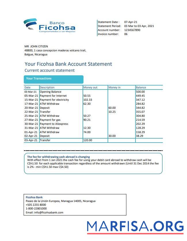 Printable Nicaragua Banco Ficohsa bank statement excel example